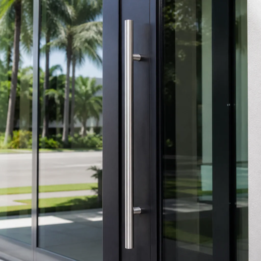 Modern glass door with sleek metal handle after professional installation