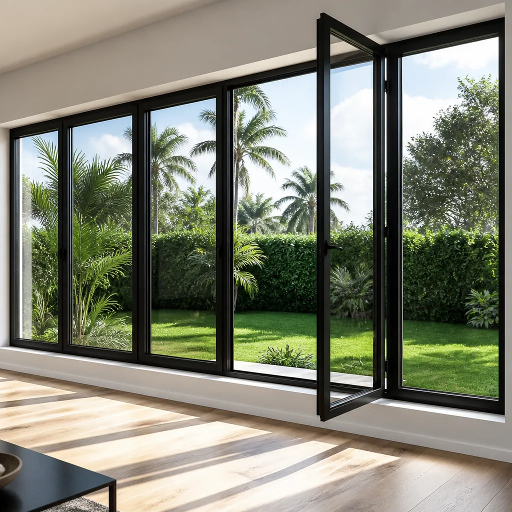 Modern black frame glass windows and doors installation in a bright home.