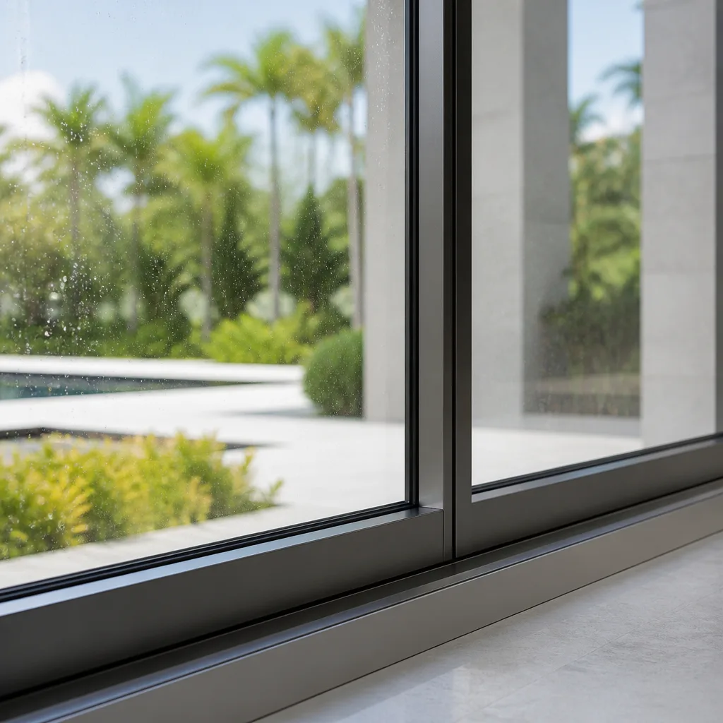 Modern sliding glass door installation with a scenic garden patio view