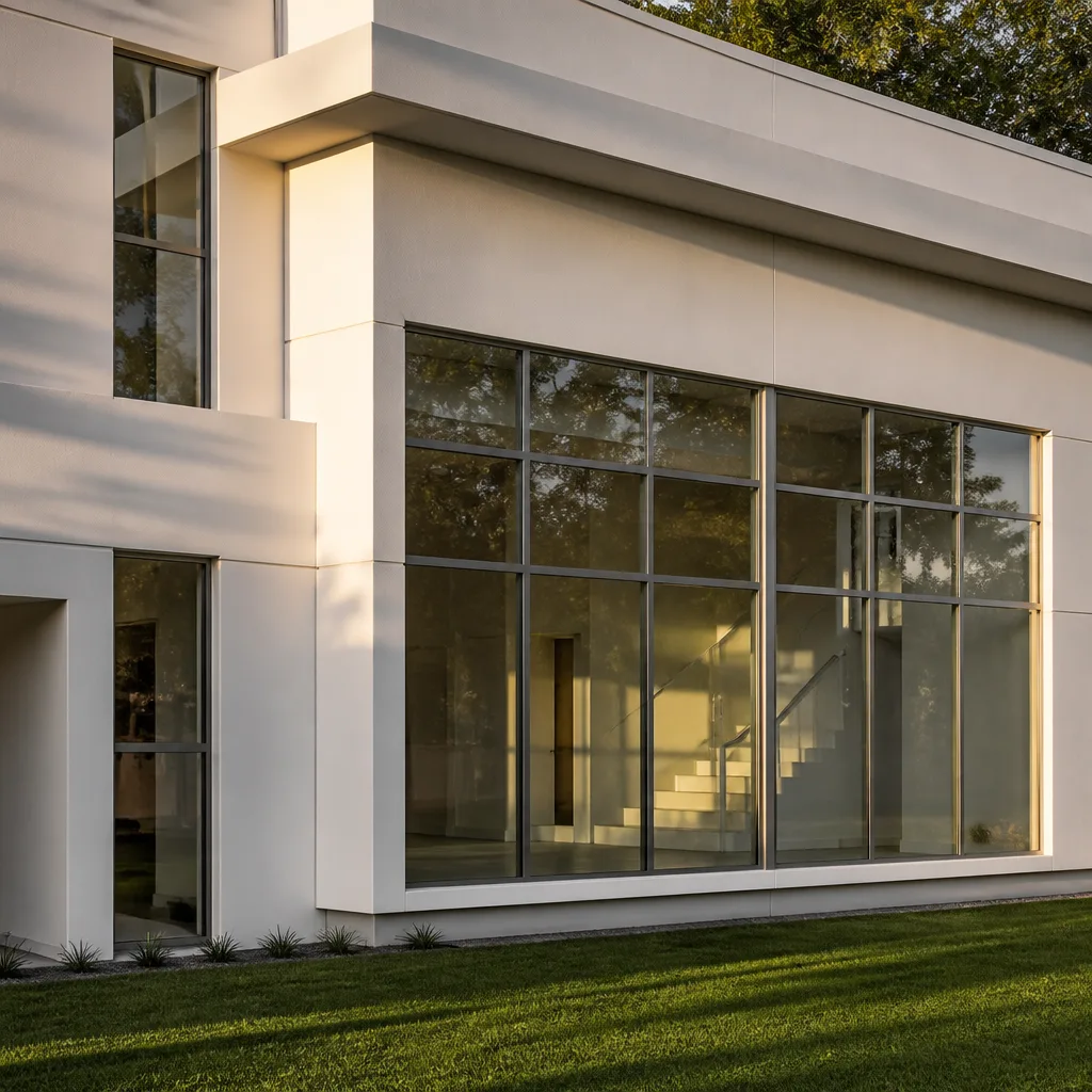 Modern home exterior with large energy-efficient floor-to-ceiling glass windows and doors